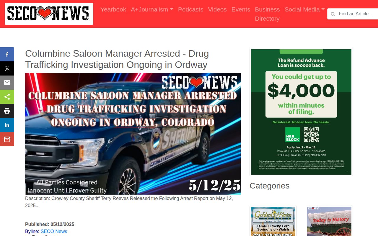 SECO News Crowley County arrest report from Ordway