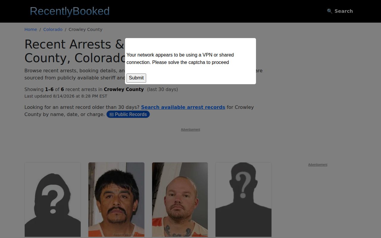 Unofficial RecentlyBooked Crowley County arrest and mugshot records page