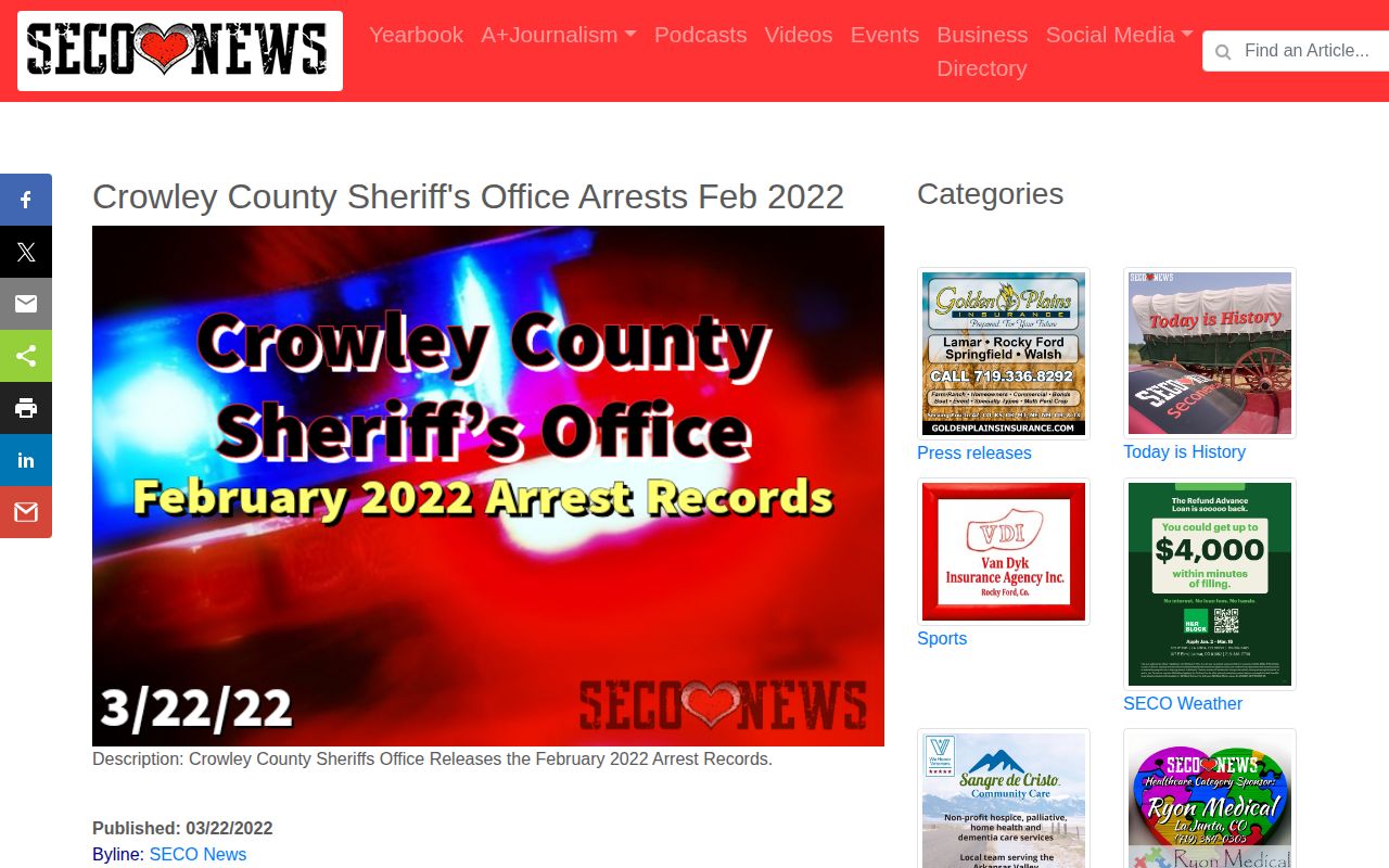SECO News Crowley County sheriff arrest-news batch and record fields