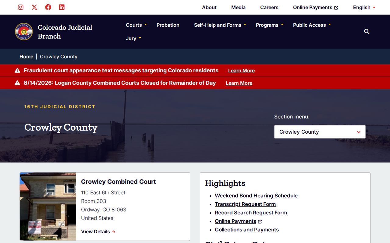 Crowley County arrest case docket and court disposition interface