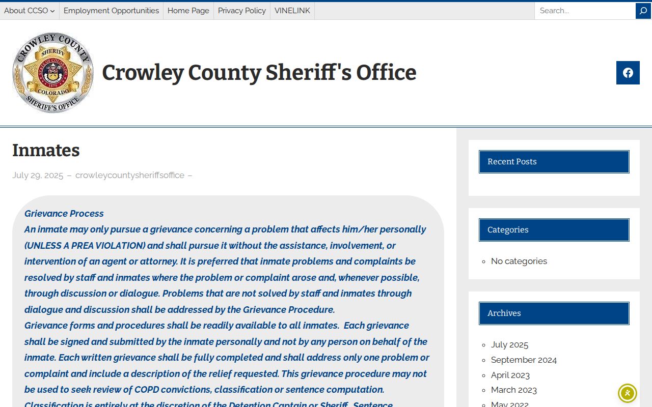 Crowley County jail inmate information page without a searchable roster