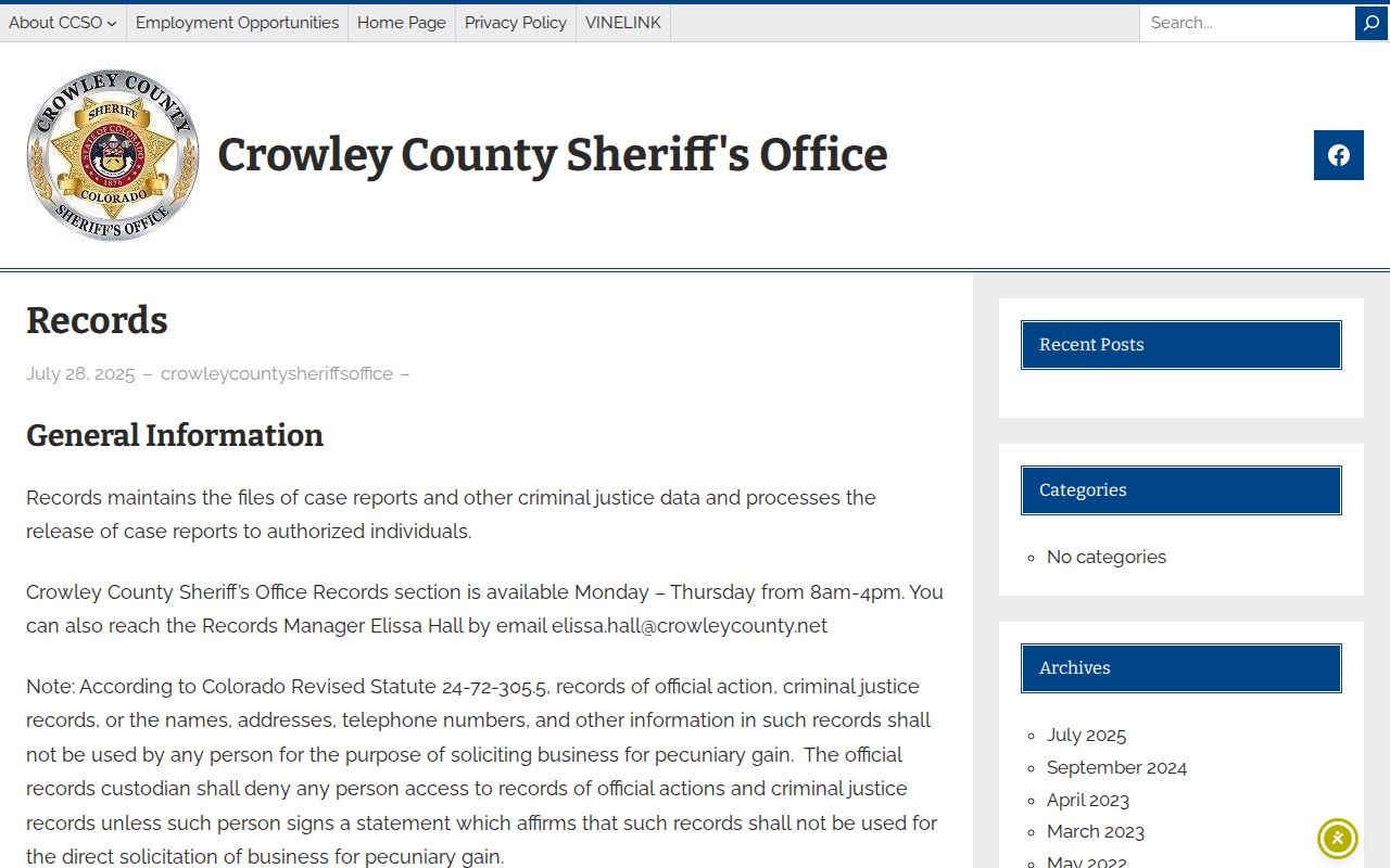 Crowley County booking record request policy and office hours