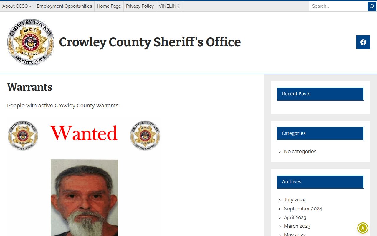 Crowley County Sheriff's Office wanted-fugitives and active-warrant page